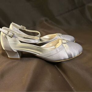 Satin Closed Toe Ballet Rhinestone Ankle Strap Buckle Flat Silver Shoes size 6